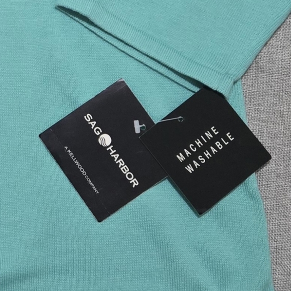 Sag Harbor Teal Aqua Knit Top Asymmetric Neckline with Bow Detail Size Large - Picture 11 of 11